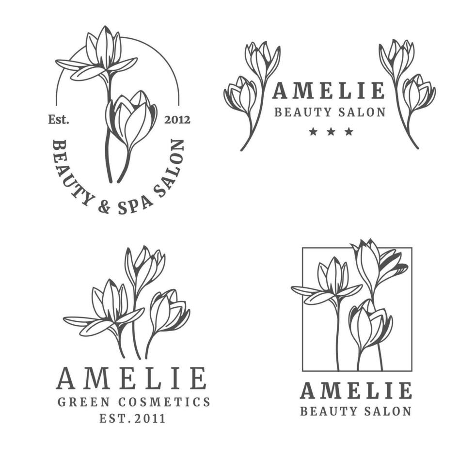 Set of women logos with crocus flower. Minimal linear style. Vector floral emblem and icon for beauty salon, spa, bridal boutiques, photographers, fashion shop, flower shop. Vector flat illustration.
