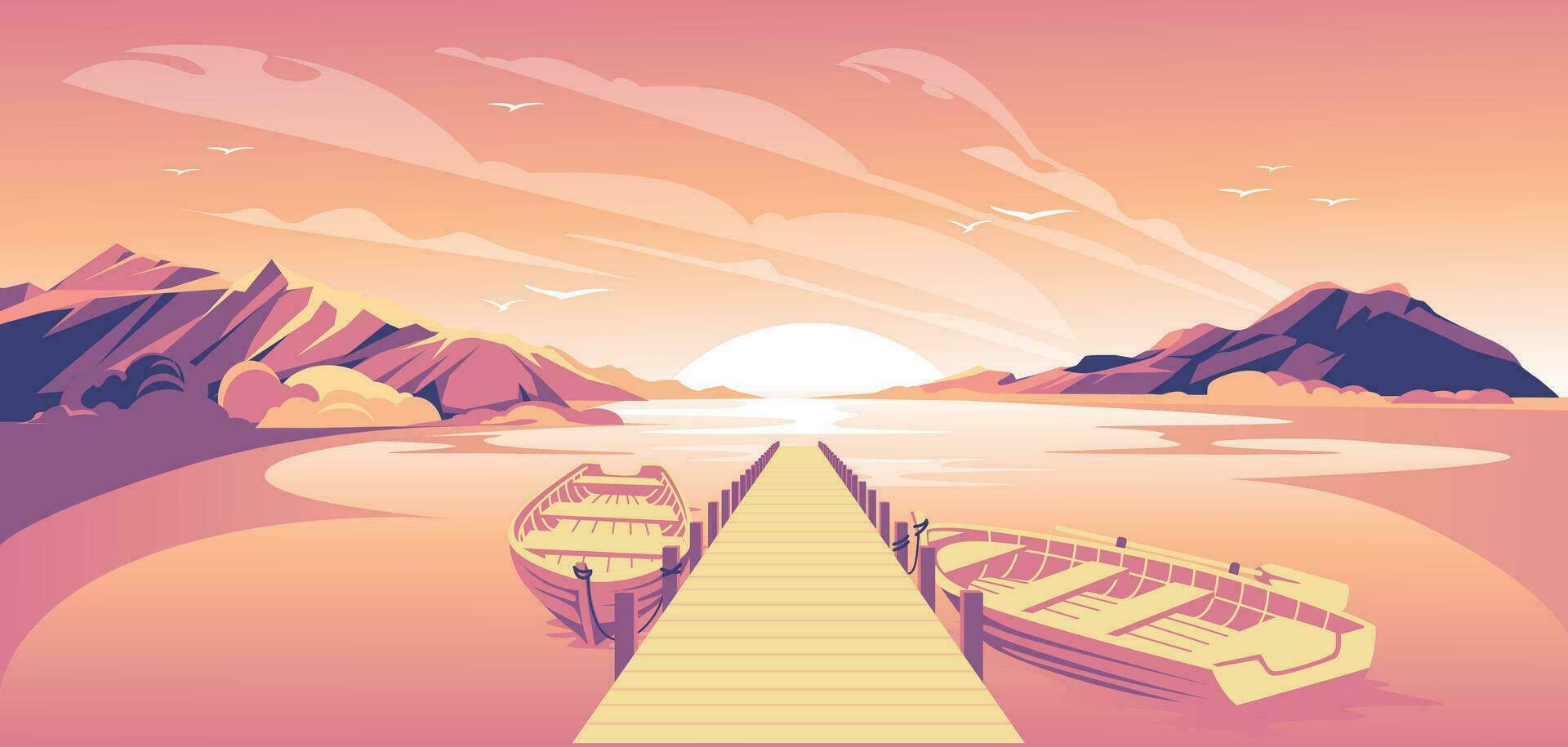 verano puesta de sol con muelle y barco entre montañas. degradado vector ilustración. rosa, naranja y púrpura.