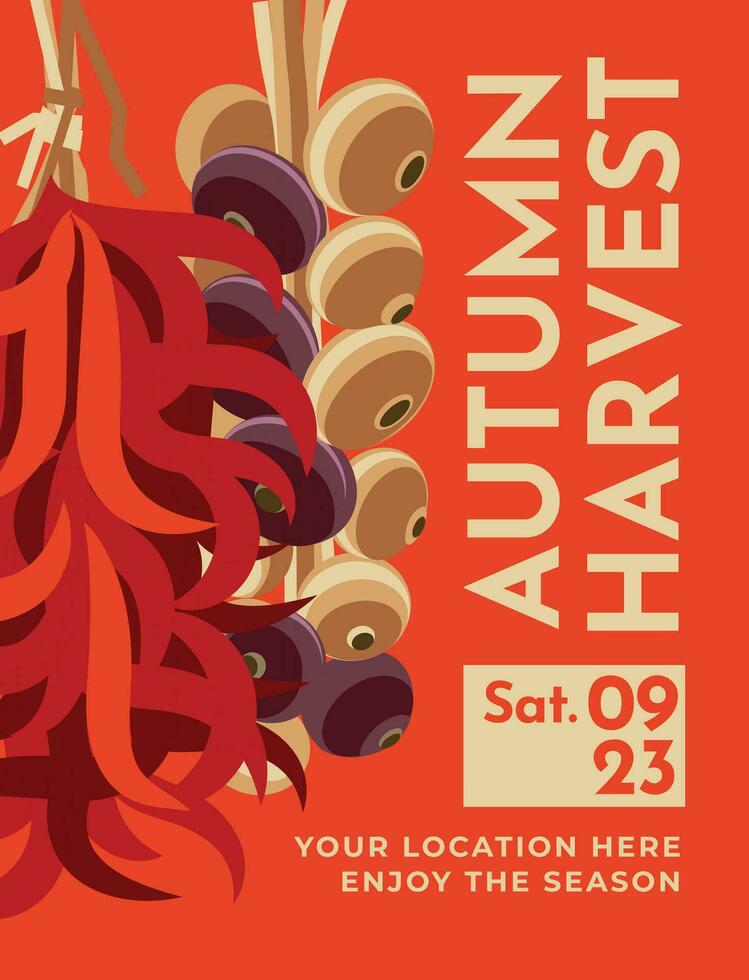 autumn harvest poster. Onion and red pepper on a red background. Farmers market text ads. Geometric flat style. Vector illustration