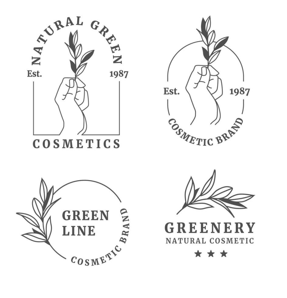 Set of logos with female hand and branch with leaves. Minimal linear style. Vector floral emblem and icon for beauty salon, spa, bridal boutiques, photographers, fashion store, cosmetic brand.