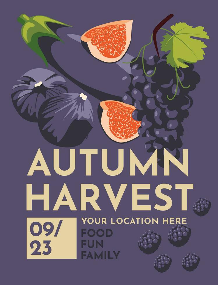 Purple poster for harvest festival or farm market promotion. Set of purple vegetables and fruits. text. Vector flat illustration
