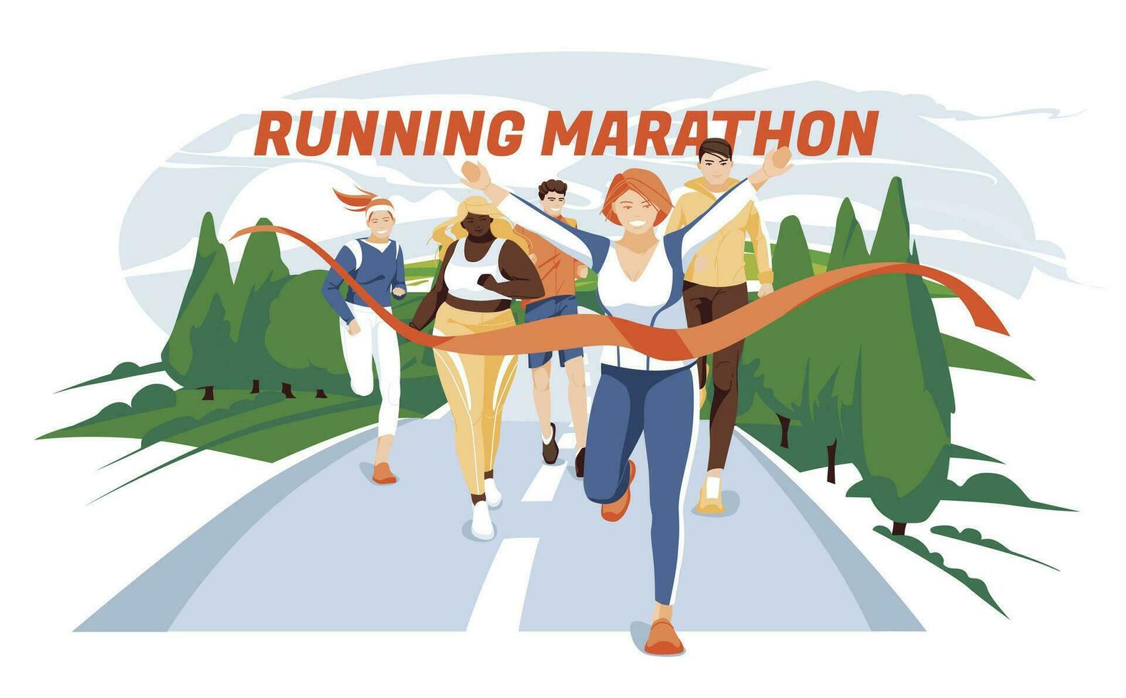 Different people characters run to finish the marathon distance. Summer, spring, field and trees. The concept of a healthy lifestyle. Various races and big size athletes. Flat, cartoon vector. vector