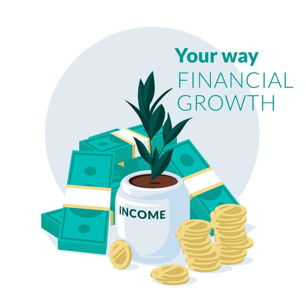 The concept of passive income. Path of financial growth. Green sprout in a pot. Bundles of dollars and coins in the background. Income growth concept. Flat vector illustration.