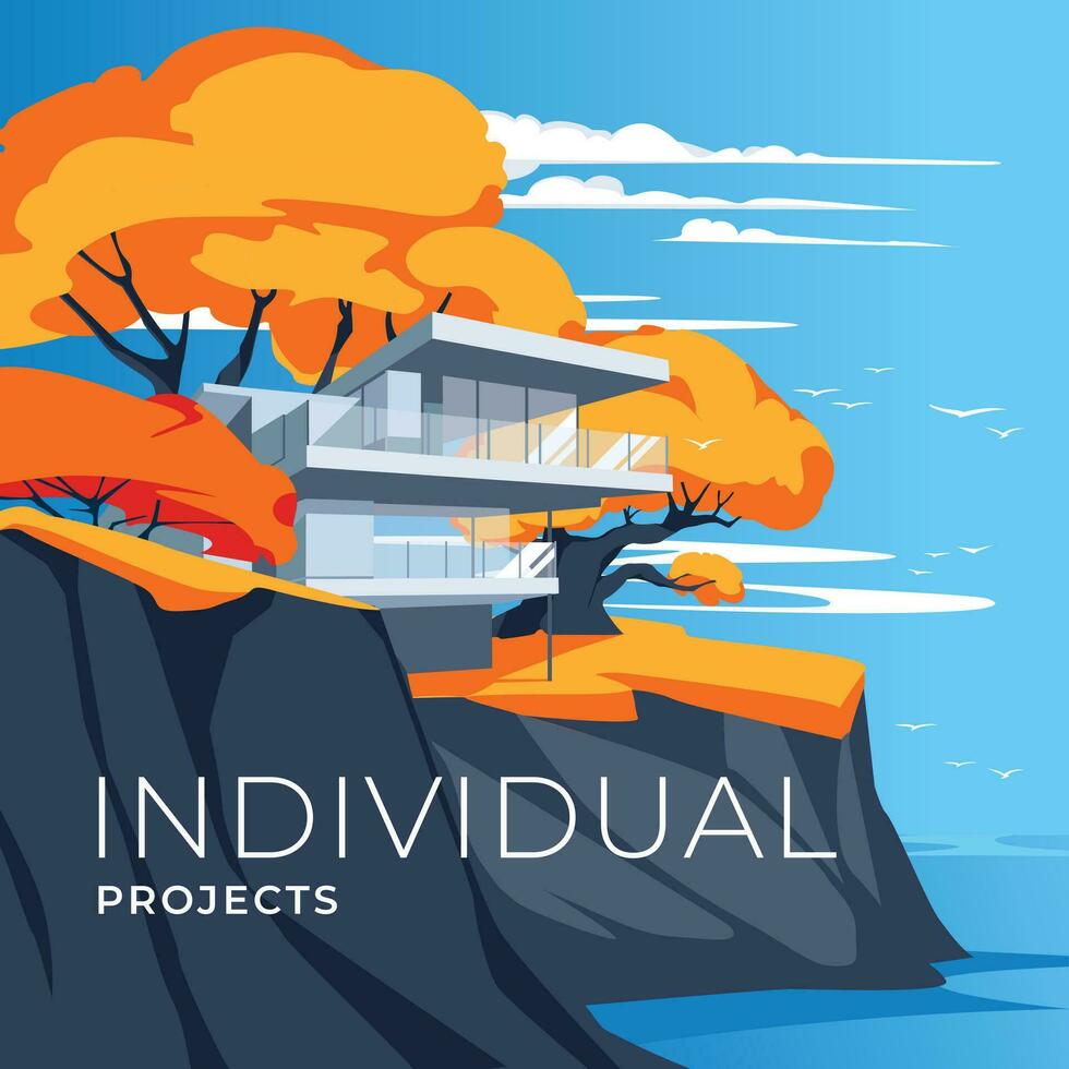 moderno cabaña arquitectura en el otoño paisaje. mar rocas publicidad. ideas para real inmuebles y casa proyectos vector ilustración