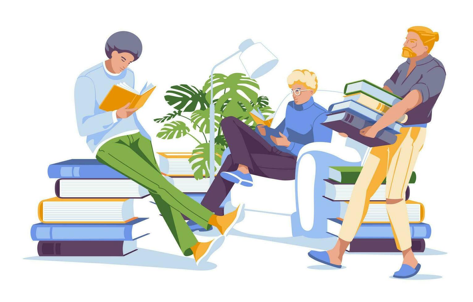 leyendo club plano vector ilustración. Tres diferente hombres lectura, participación y que lleva grande libros.