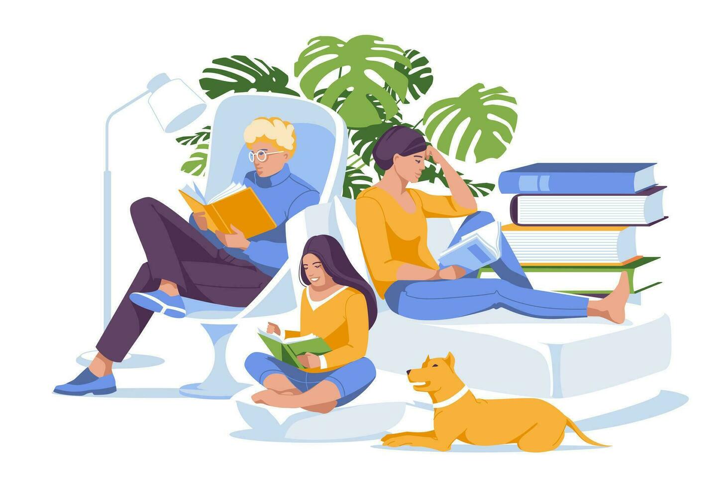 Reading club flat vector illustration. Family father, mother , daughter and dog reading at home. Togetherness leisure