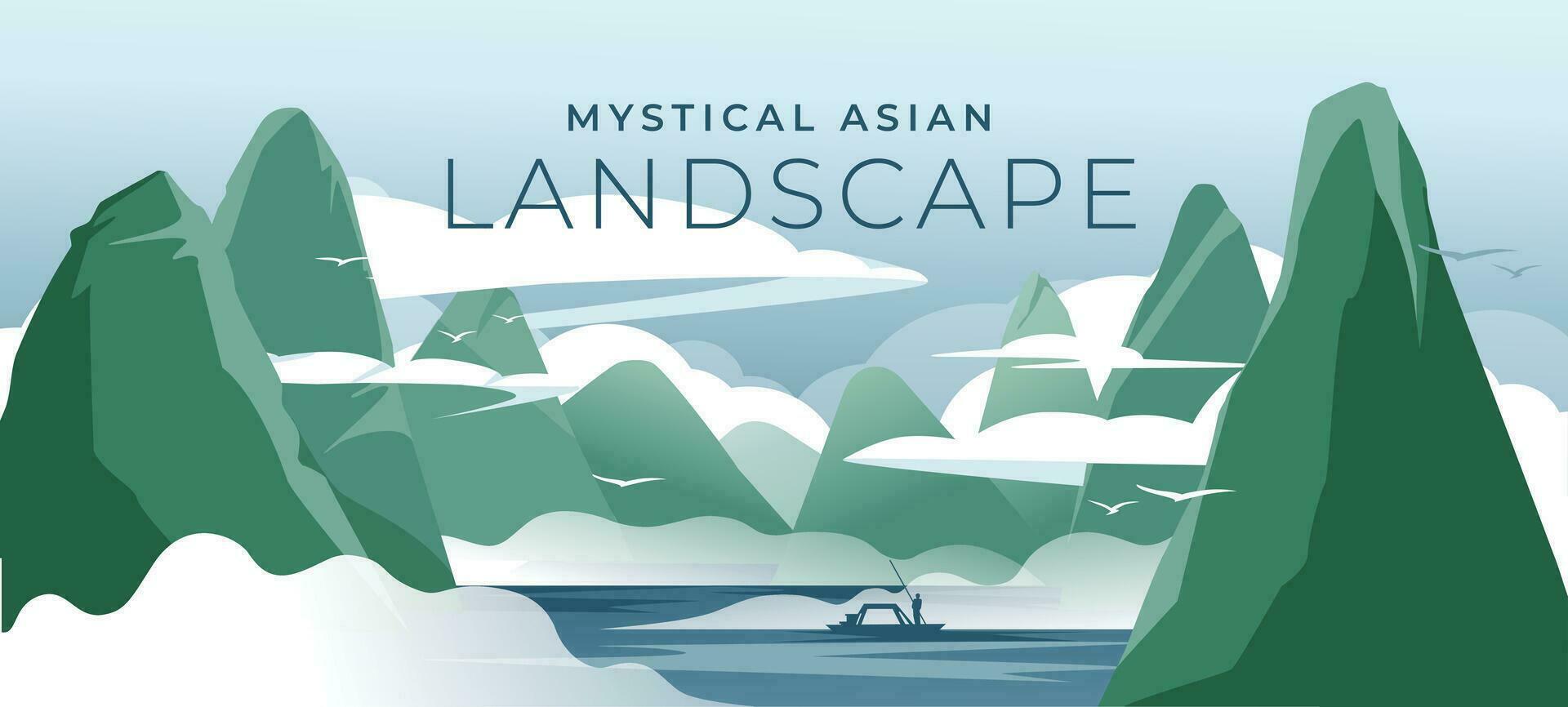 Classic Asian Chinese landscape. Hills on the river under the fog. Green and blue. Gradient. Vector illustration.