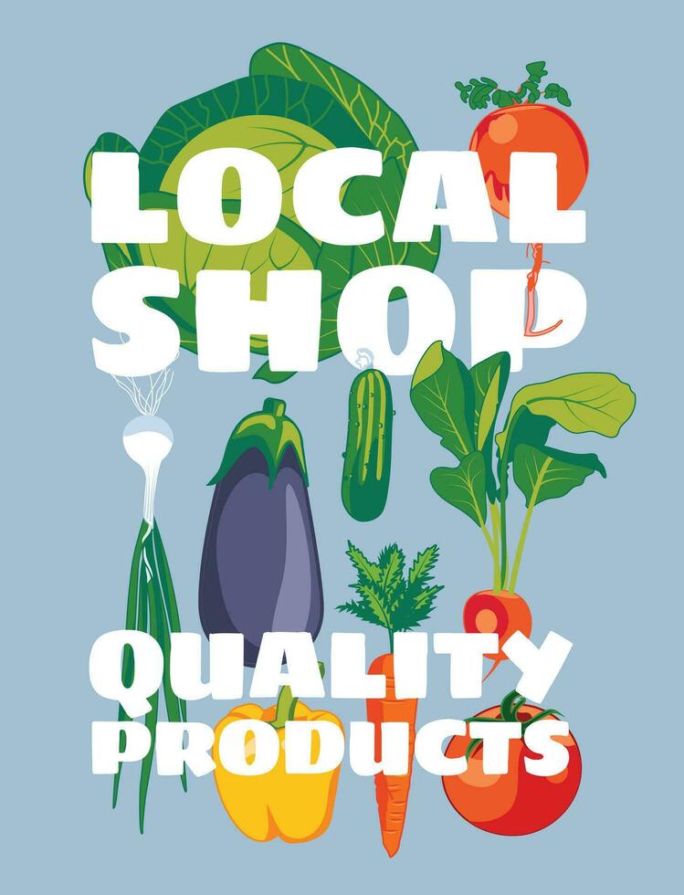 set of fresh raw vegetables on a light background with large text. Advertising of agricultural products, natural market. Vector flat illustration