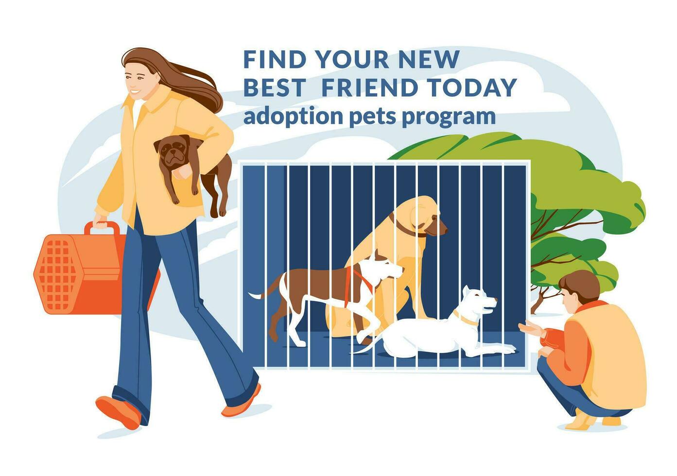 People in the shelter choose dogs from several species for adoption. Flat vector illustration