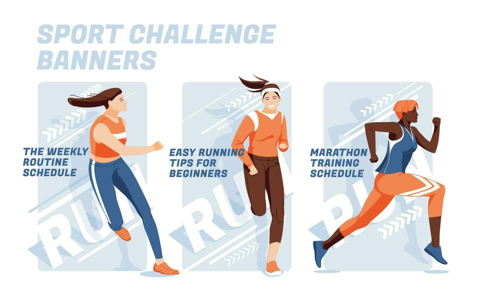 3 banner designs to advertise a running or training competition. Kind of sport. Three sportswomen run on an abstract background. Design for presentations, print, web advertising banners. vector