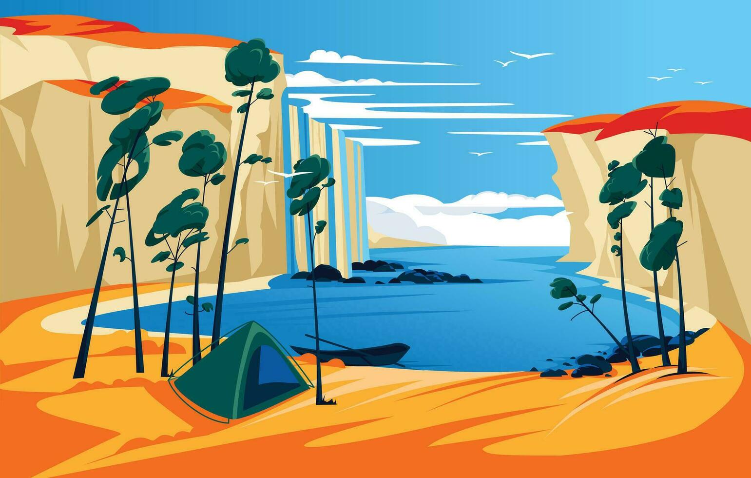 autumn camping by the sea. Tall pine trees in the lagoon. Vector illustration