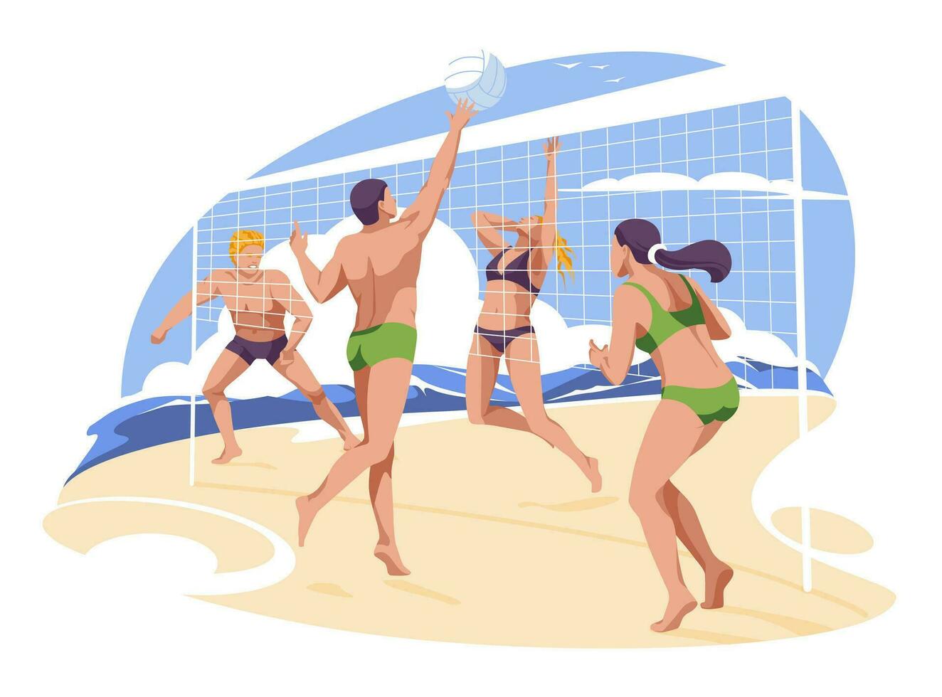 playa vóleibol escena por el mar. hombres y mujer caracteres plano vector ilustración