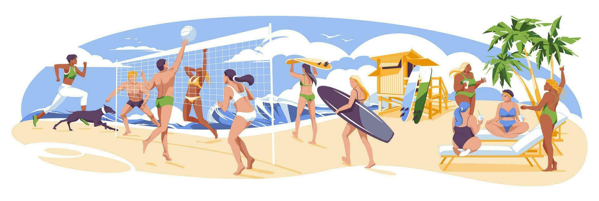 Seashore resting people play volleyball, sunbathe, surfing and swimming, friendly conversation, running with a dog. Flat vector illustration