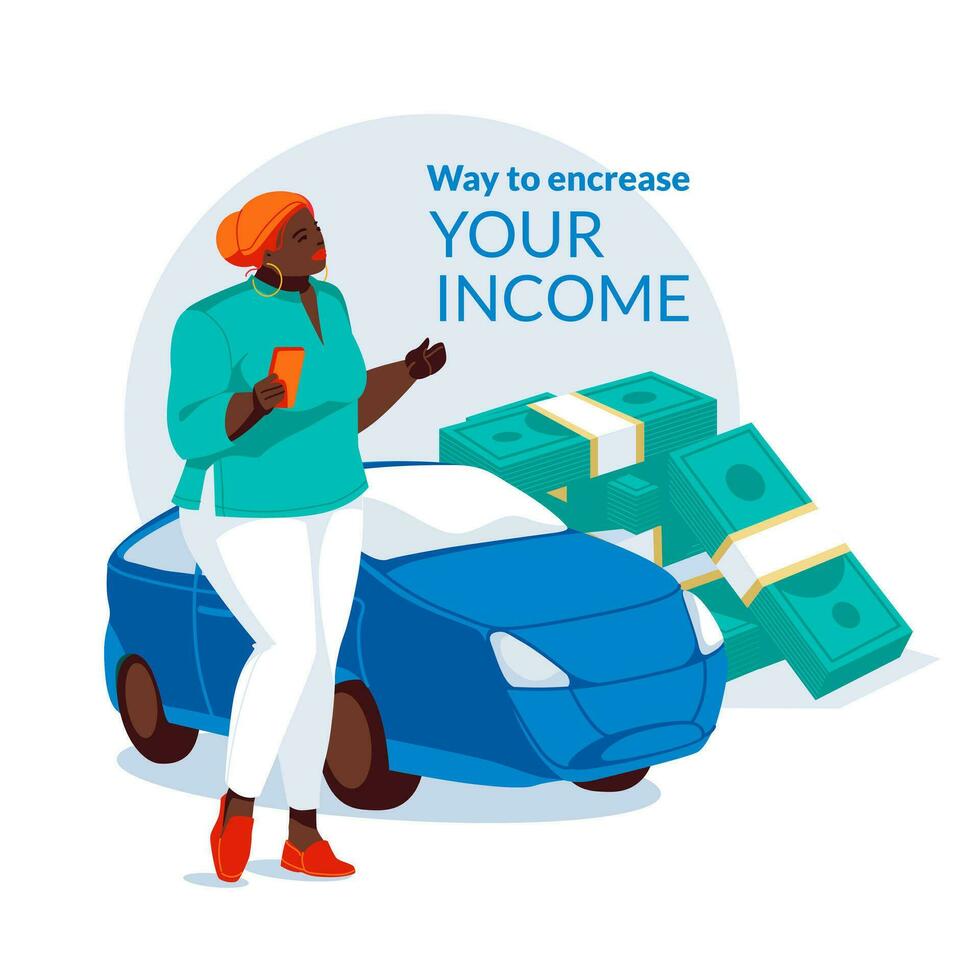 The concept of passive income. A black woman stands with a smartphone in her hand near the car. In the background are large bundles of dollars.Flat vector illustration.