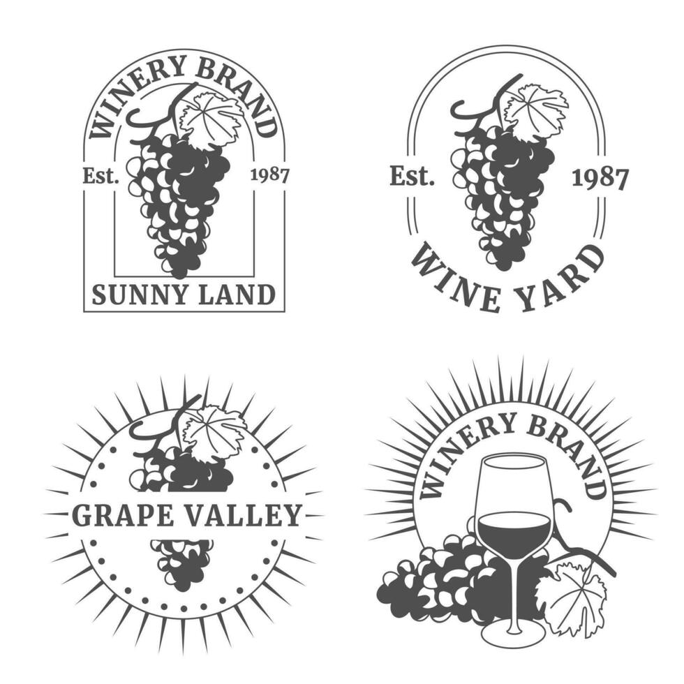 Winery logos set. Craft wine retro signs or badges with bunch of grape vines wine mug and decorative elements. Vector labels or badges. flat illustration