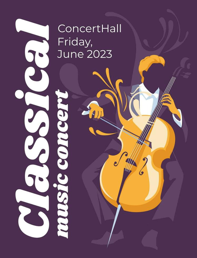 Jazz and classical music event poster design concept. Cellist musician in burst. Abstract decorative background. Vector flat illustration