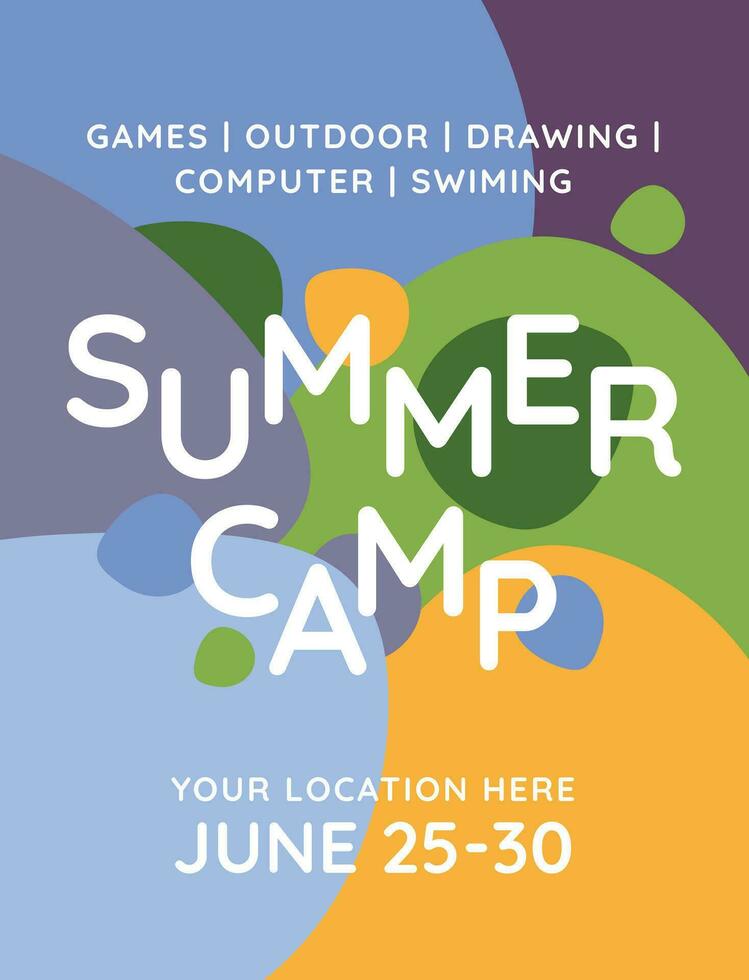 advertisement of a children's summer camp. Abstract background of a color shapes and big text. Vector flat illustration. Poster, flayer.