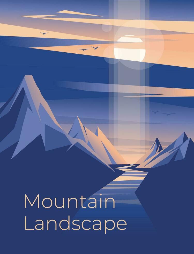 geometric simplicity sunset mountain landscape. Blue background with reflection of the sun on the river. Vector illustration.