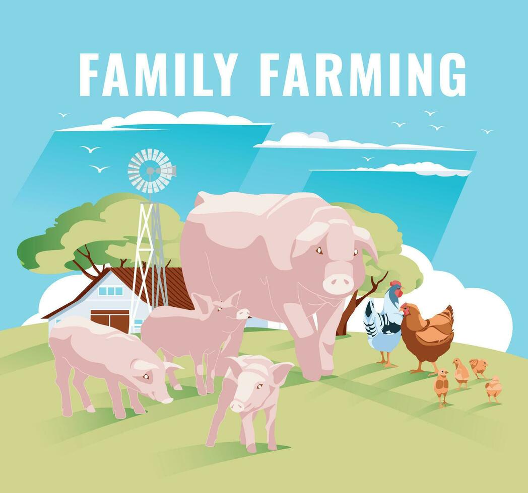 a family of pigs and a chicken family on a green meadow against a background of a blue sky. Vector flat illustration. Agriculture, ranching and farming.