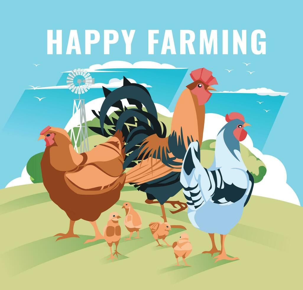 chicken family on a green meadow against a background of trees and sky. Domestic birds. Farm, ranch, agriculture. Vector flat illustration