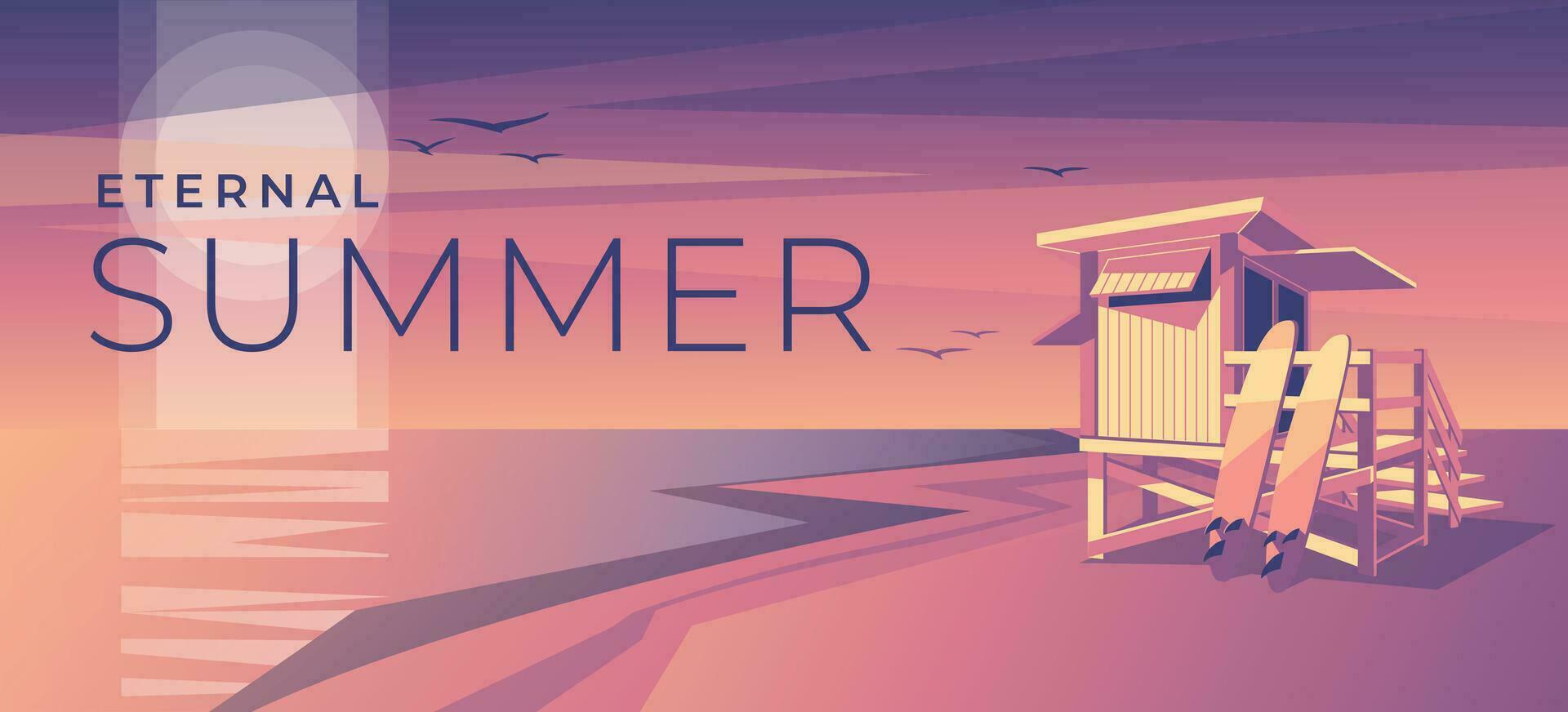 playa Salvavidas observación enviar a puesta de sol. mesas para surf. rosado y púrpura. degradado. vector ilustración