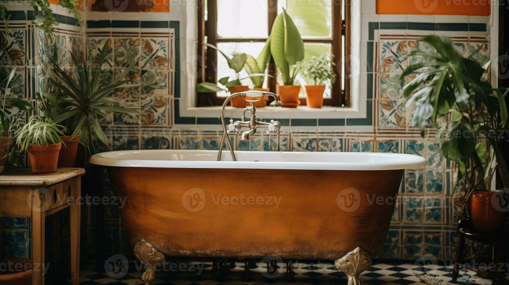 Generative AI, retro boho hotel bathroom, Puerto Rico style. Bright colors and plants photo