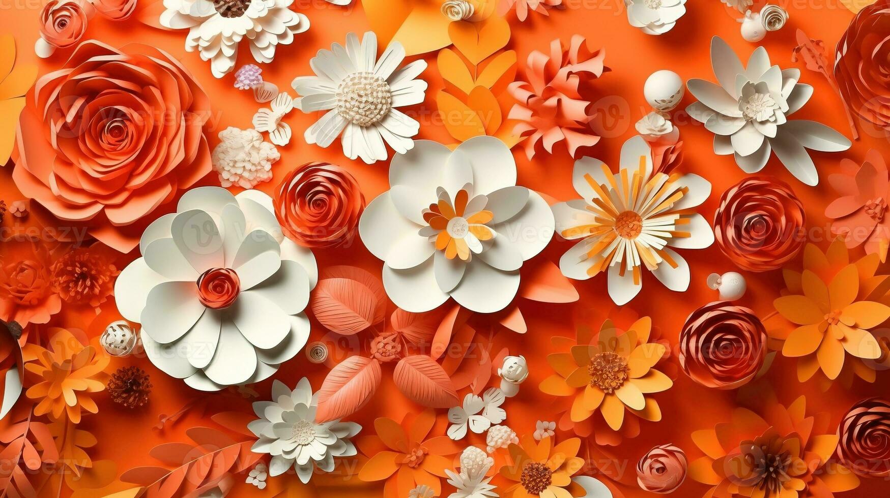 Generative AI, Paper cut craft flowers and leaves, apricot crush orange color, origami textured background, spring mood. Floral frame layout.. photo