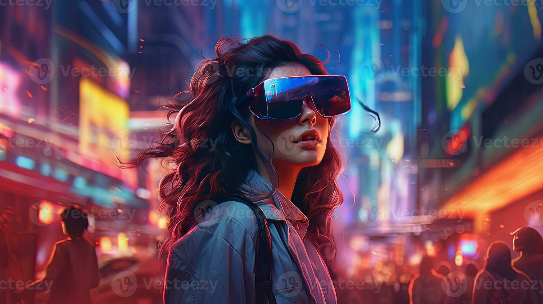 Generative AI, beautiful woman in VR glasses in neon space street, virtual reality headset in cyberspace photo