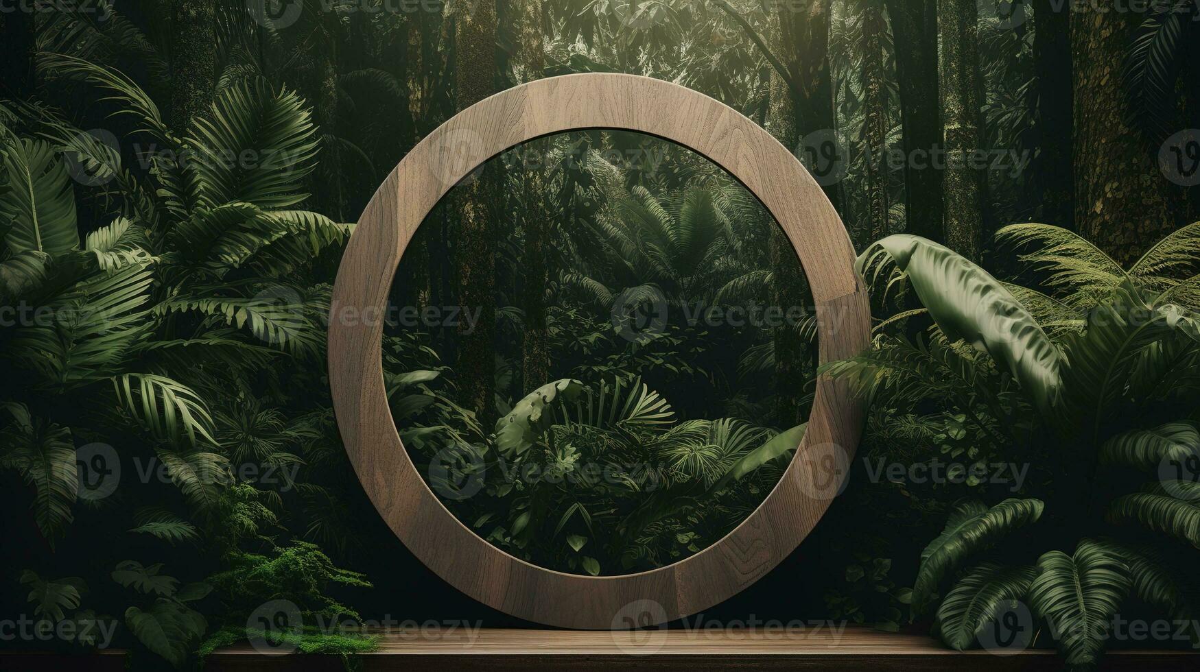 Generative AI, Empty circle wooden frame and tropical leaves on jungle background. For product display. photo