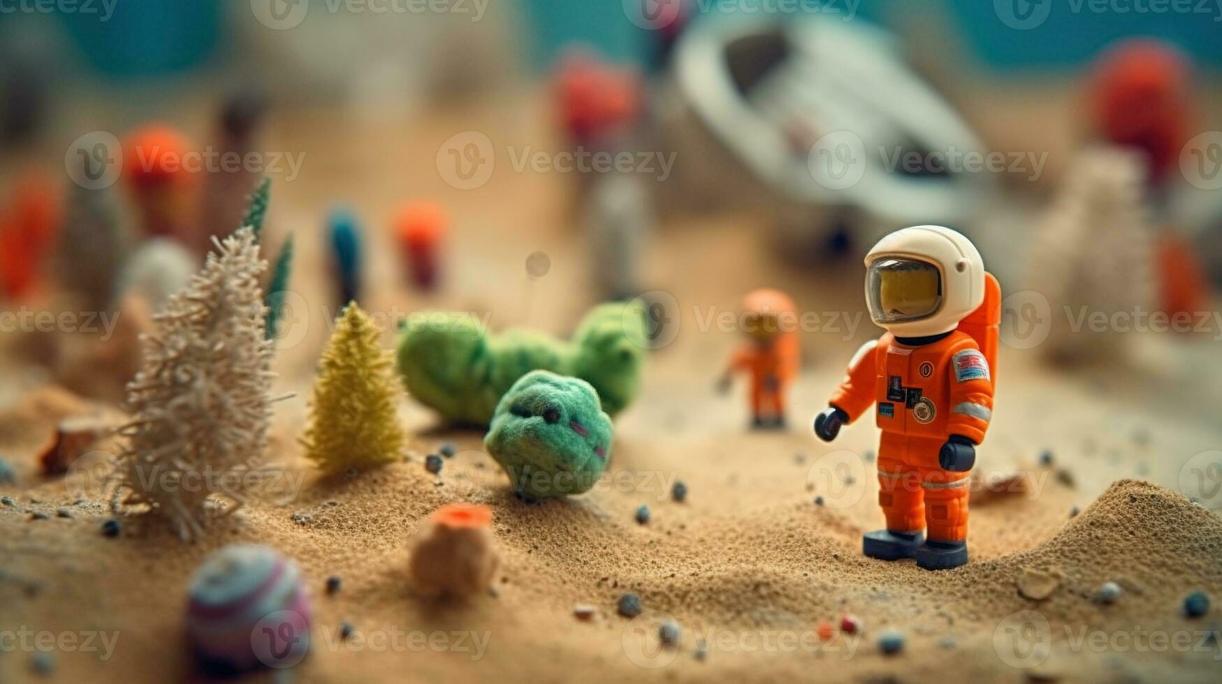 Generative AI, Space adventure illustration made of wool. Cosmic planet craft landscape with astronaut. photo