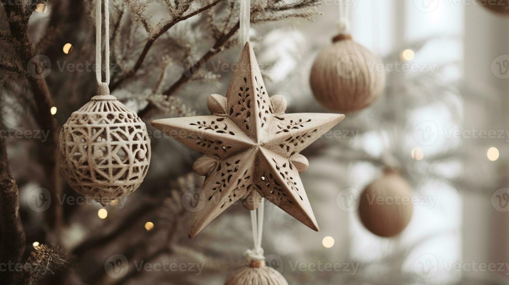 Generative AI, Chhristmas and new year balls in the fir tree branches, holidays concept, festive winter season background photo