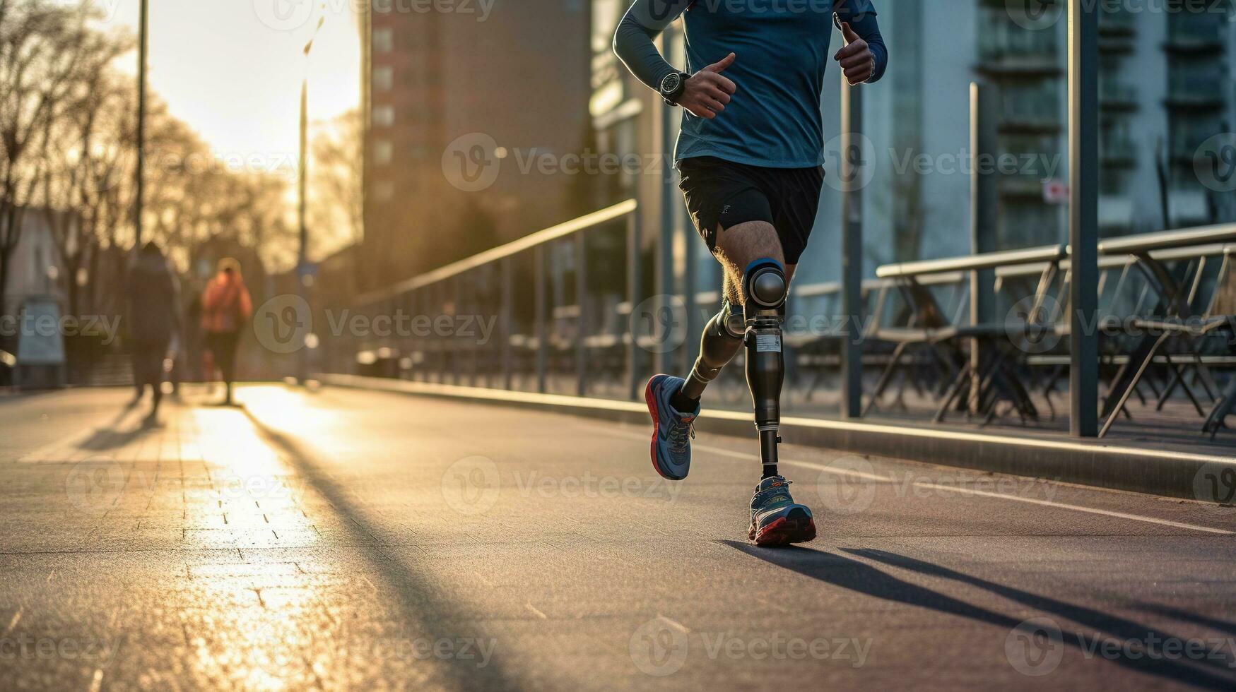 Generative AI, person with disability, prosthetic limb running and does not feel obstacles, photo
