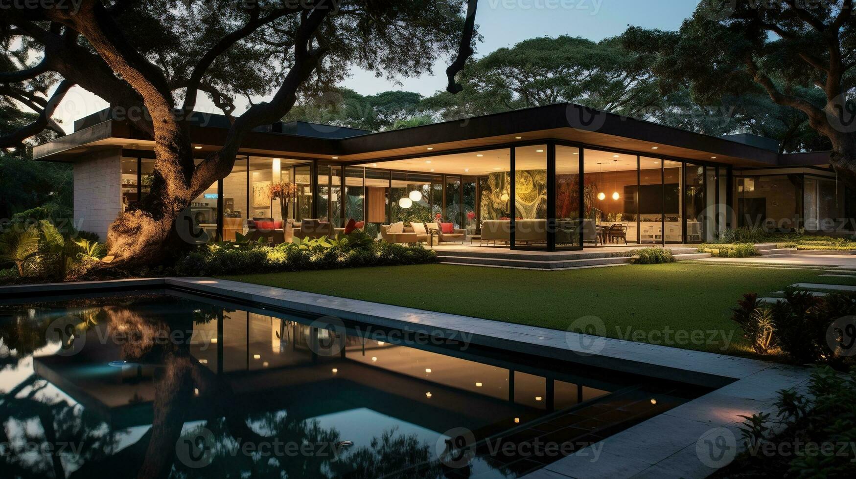 Generative AI, View of swimming pool in front of a modern luxury house illuminated in the evening photo