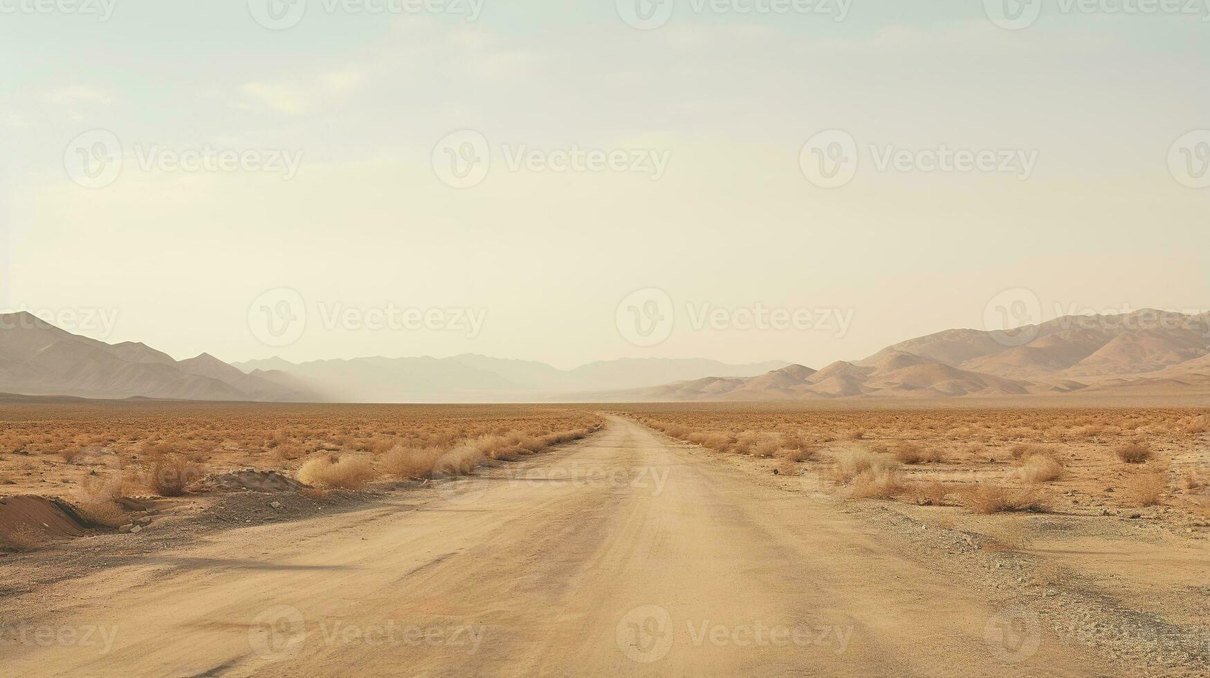 Generative AI, lonely road in the desert, aesthetic, muted neutral colors, cacti plants photo