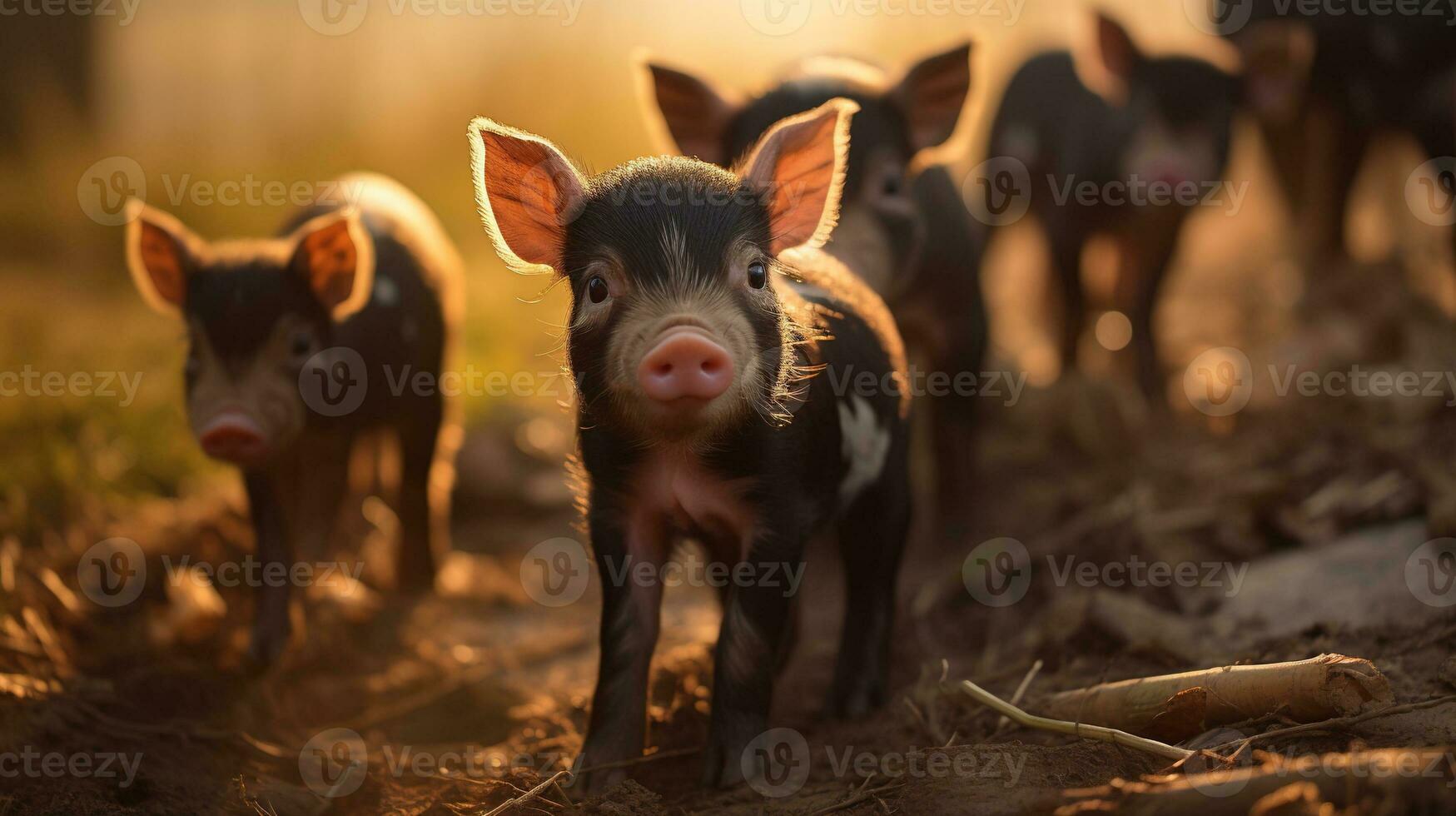 Generative AI, little pigs looking at the camera on a farm photo