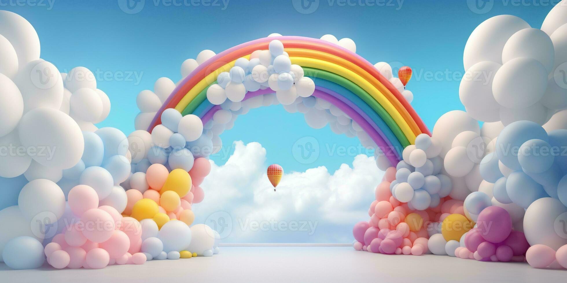 Generative AI, rainbow and colorful balloons. Birthday party 3d background. Mockup, template for greetiing card photo