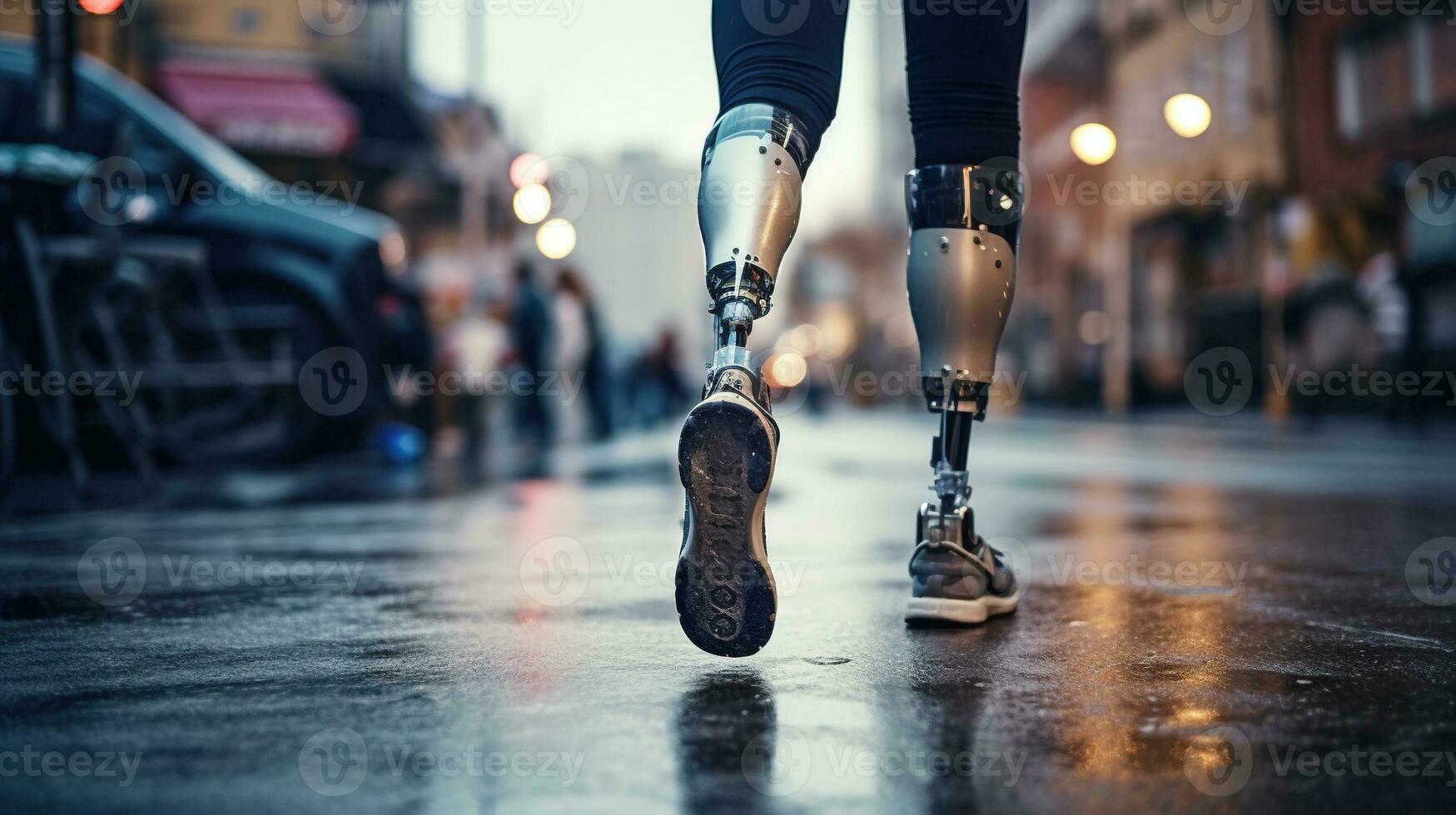 Generative AI, person with disability, prosthetic limb running and does not feel obstacles photo