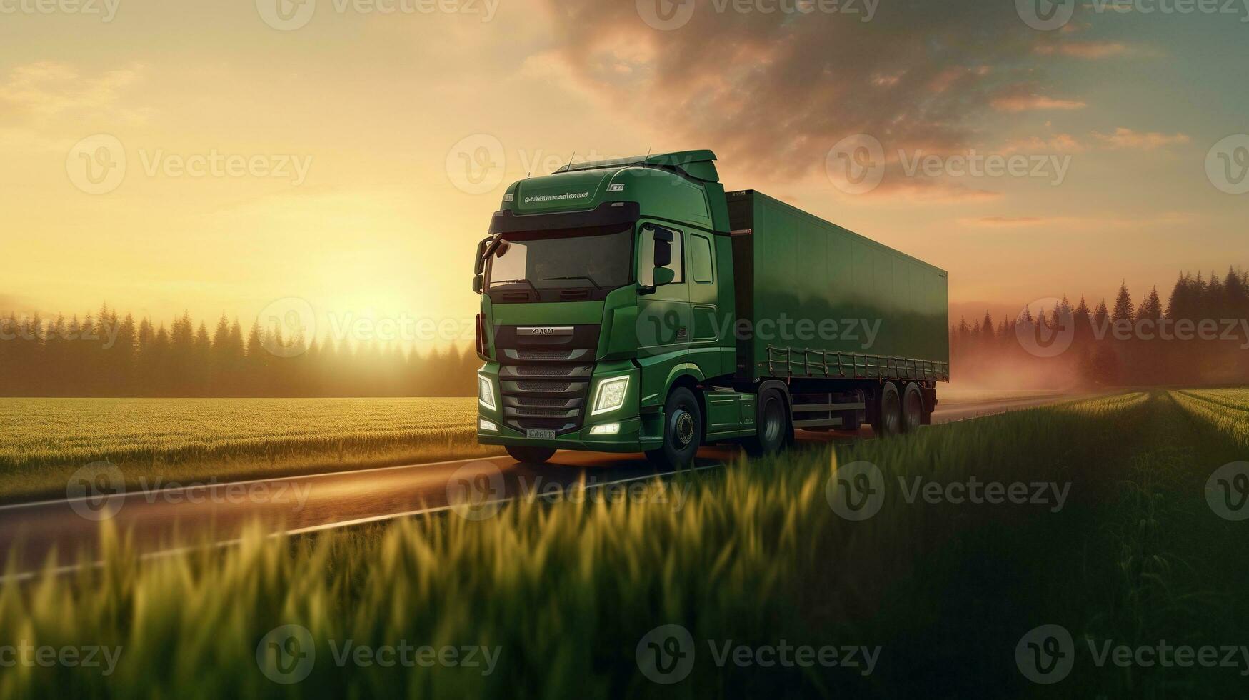 Generative AI, Green truck driving on the asphalt road in rural landscape at sunset. photo