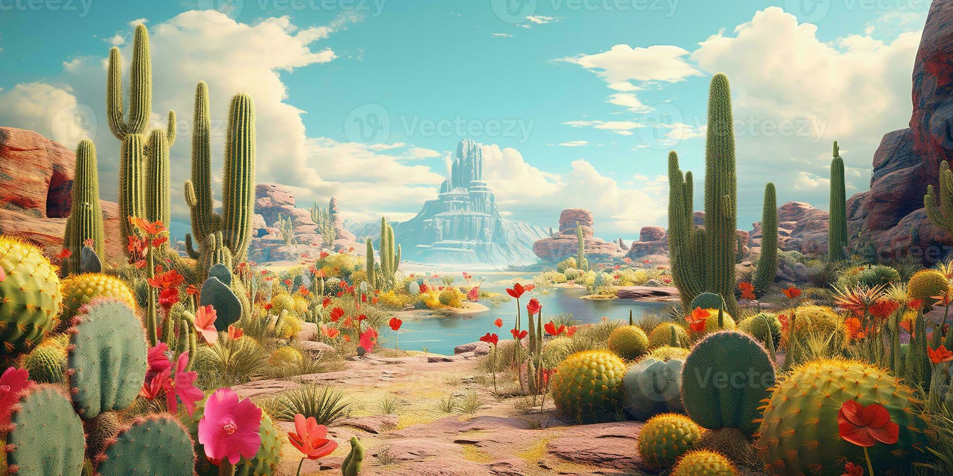 Generative AI, psychedelic and surreal scenery with cactus in the desert. Landscape of the wild west photo