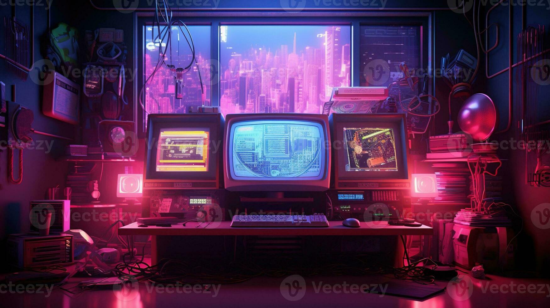 Generative AI, Computer on the table in cyberpunk style, nostalgic 80s, 90s. Neon night lights vibrant colors, photorealistic horizontal illustration of the futuristic interior. Technology concept. photo