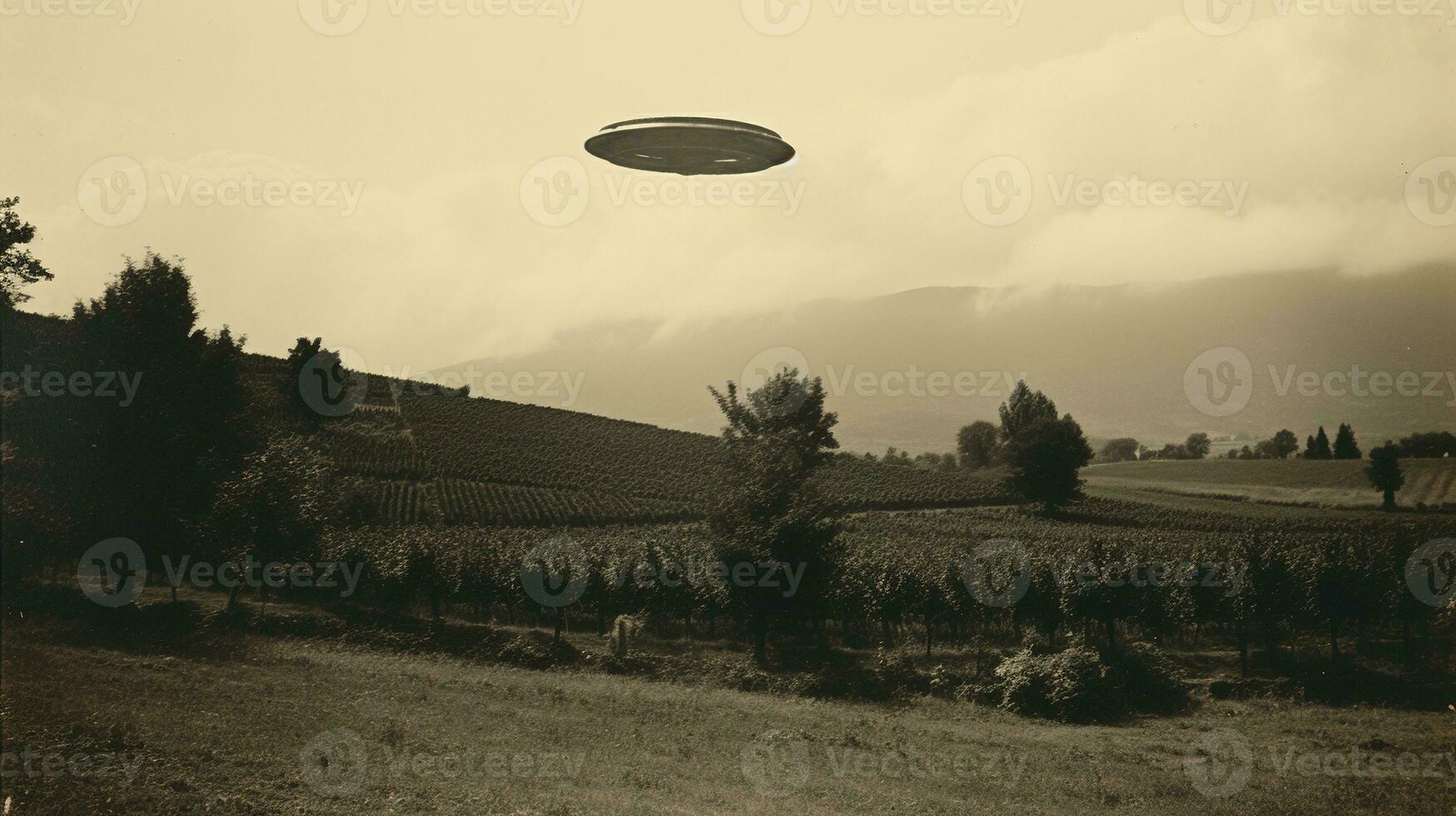 Generative AI, UFO over the Italian landscape vintage photo, aliens witnesses retro 1930s style photography photo