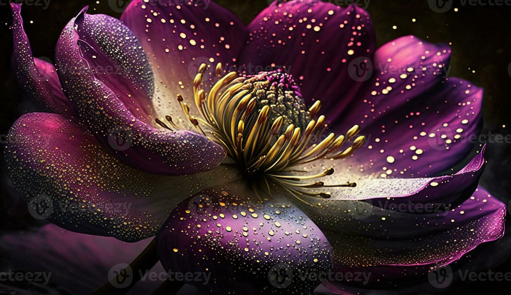 Generative AI, Close up of blooming flowerbeds of amazing viva magenta flowers on dark moody floral textured background with golden particles. Photorealistic paint effect. photo