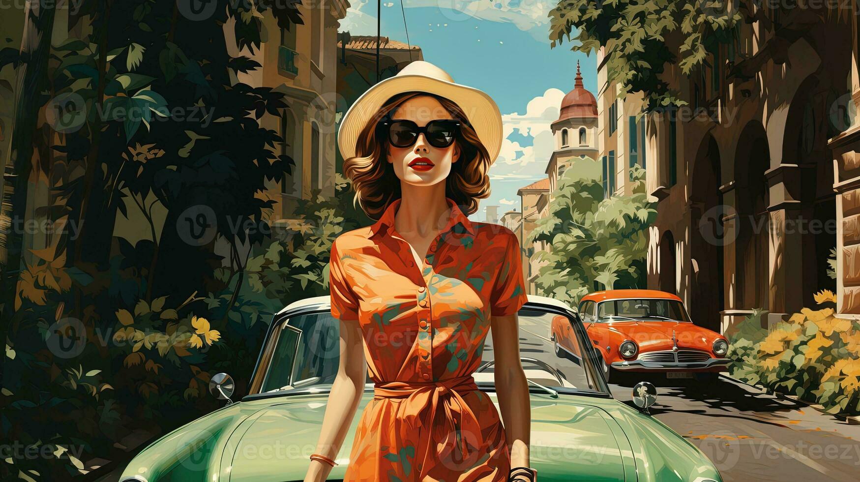 Generative AI, beautiful woman in the summer cityscape of Italy flat illustration. Beautiful view of street photo