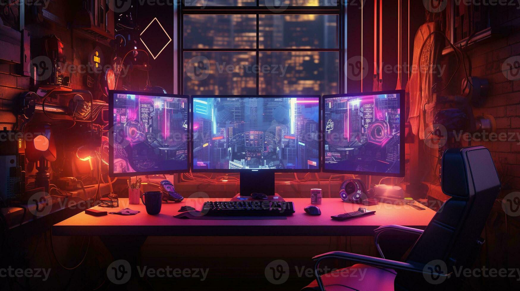 Generative AI, Computer on the table in cyberpunk style, nostalgic 80s, 90s. Neon night lights vibrant colors, photorealistic horizontal illustration of the futuristic interior. Technology concept. photo