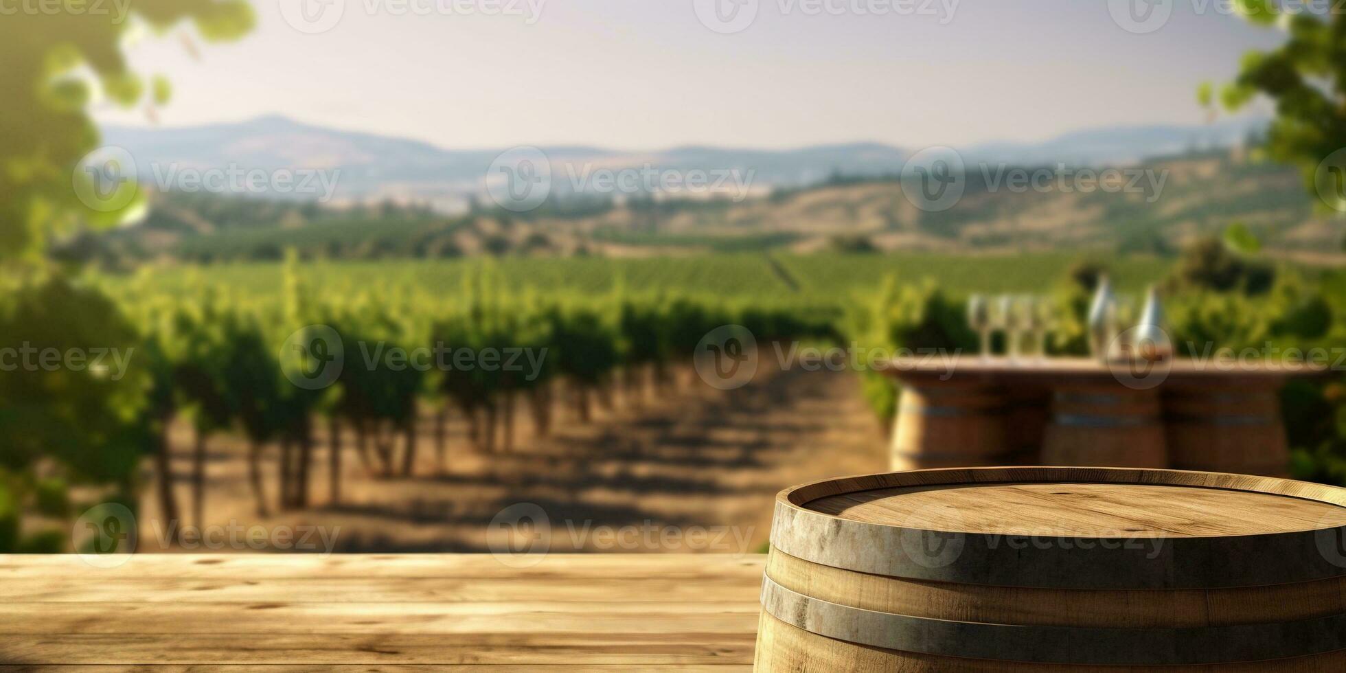 Generative AI, beautiful vineyard, green landscape. Rows of vines on sunset photo