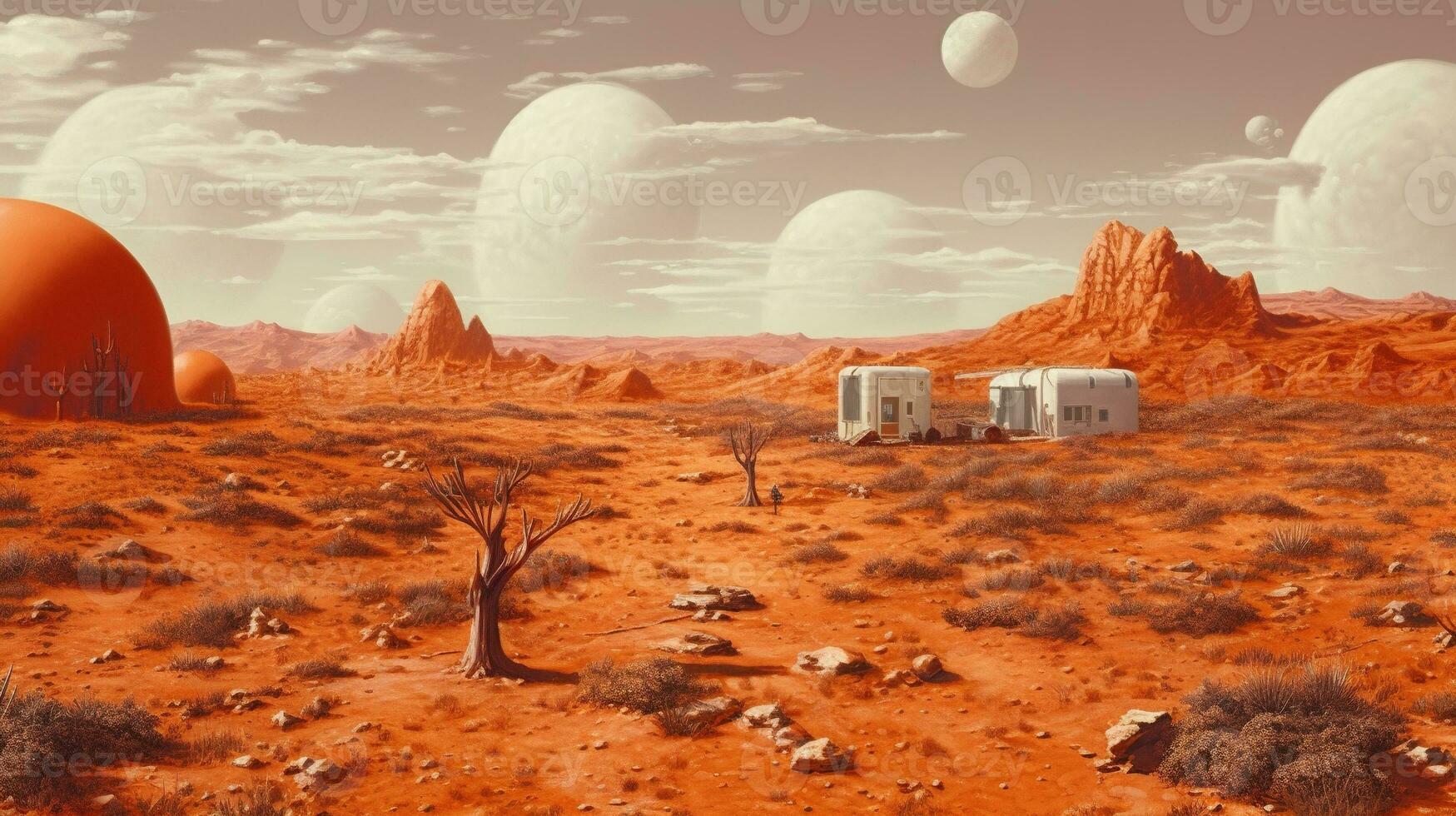 Generative AI, Surreal view from the orange planet landscape, sci-fi illustration, red martian terrain. photo