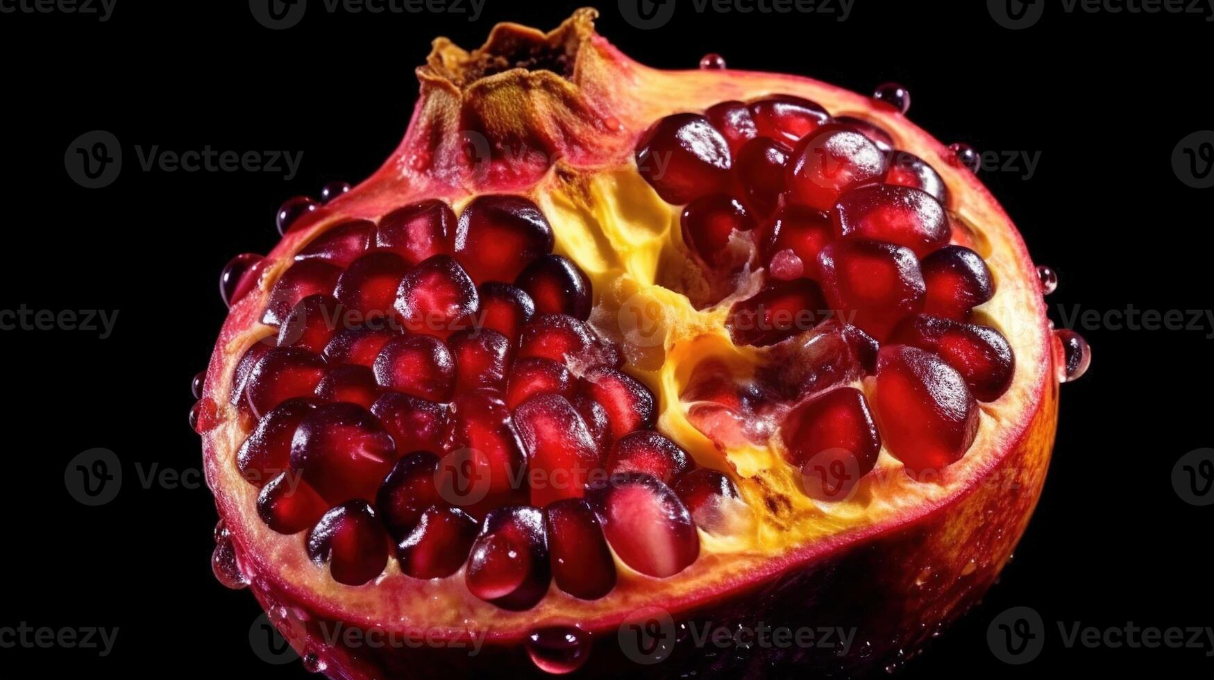 Generative AI, Macro Fresh Juicy half of pomegranate fruit with drops of water background. Closeup photo