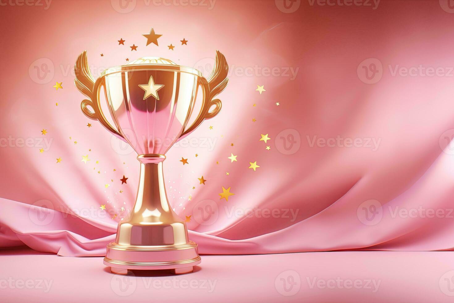 Generative AI, Winner trophy with flames, pink golden champion cup with falling confetti on pink background photo