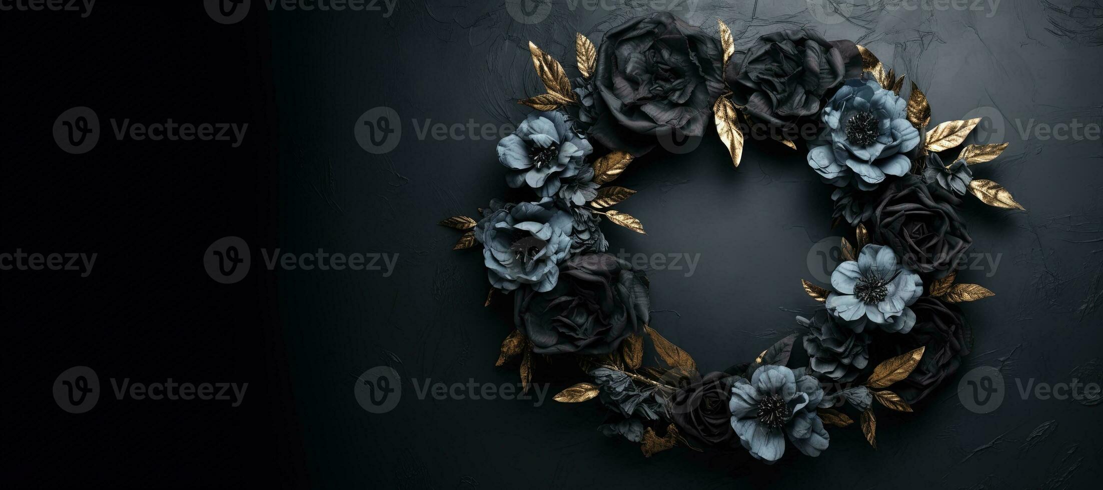 Generative AI, Close up wreath, blooming flowerbeds of amazing black flowers on dark moody floral textured background. photo