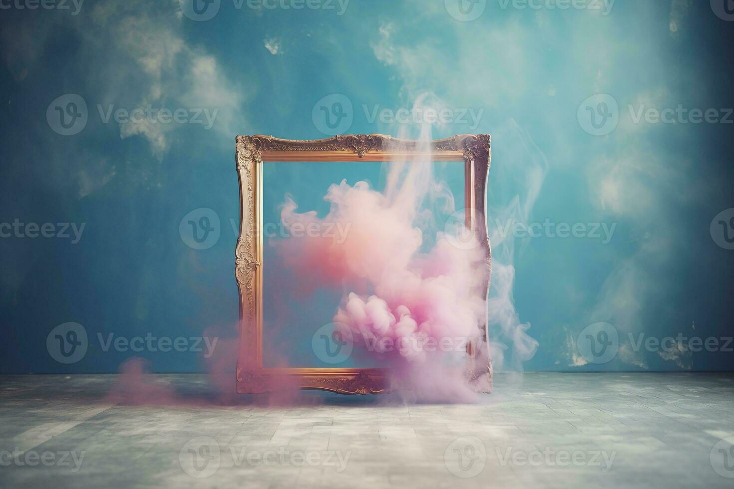 Generative AI, pastel light smoke around empty vintage beautiful frame. photo